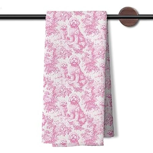 Pink Chinoiserie Golden Doodle Kitchen Dish Towels, Golden Doodle Gifts Women, Grandmillennial Pink Toile Dog Decorative Hand Tea Towels for Bathroom Kitchen, 16x24 Inches