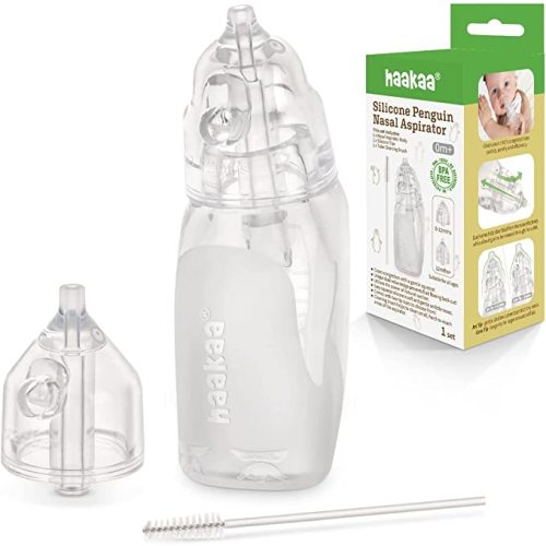 haakaa Silicone Baby Nasal Aspirator| Safe Baby Nose Cleaner| Easy-Squeeze Nose & Ear Bulb Syringe with Brush|0m+ Newborn Toddler -Transparent, Penguin - Two Tip
