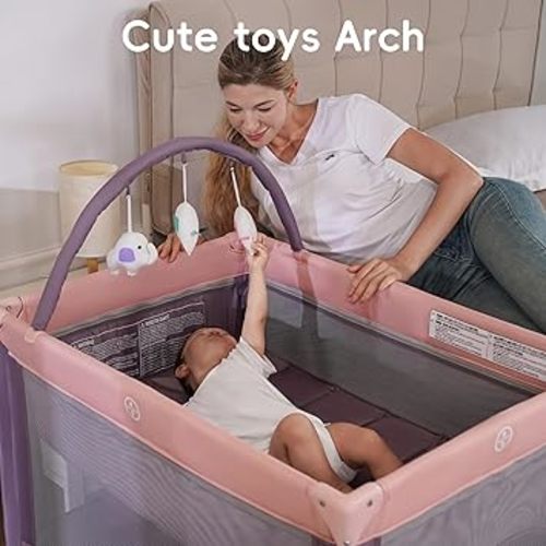 Pamo Babe Portable Playard with Mat Pad and Toy Bar Pink Play Yard for Baby