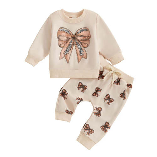 Baby Toddler Girls 2Pcs Fall Outfit Football / Baseball Bow Print Long – August + Willow