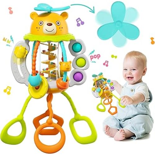 HOLA Montessori Toys for 1 Year Old Boys-Rattle Teething Baby Toys 0-6 & 6-12 Months, Silicone Pull String Sensory Toys for 1 Year Old Girl Gifts Christmas Stocking Stuffers