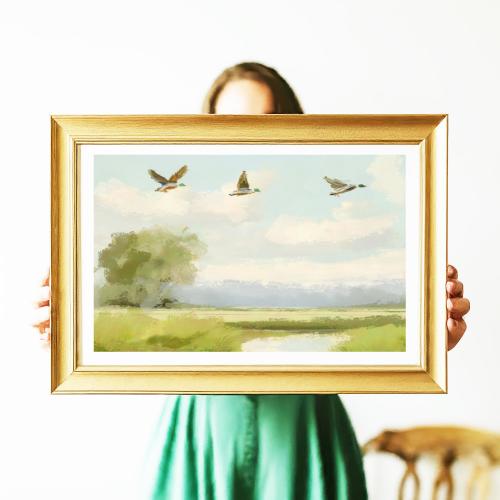 Grandmillenial Wall Decor | Nursery Mallard Duck Boy Marsh Blue Landscape Digital Art Print | Vintage Oil Painting - Finn by Abby Matthews