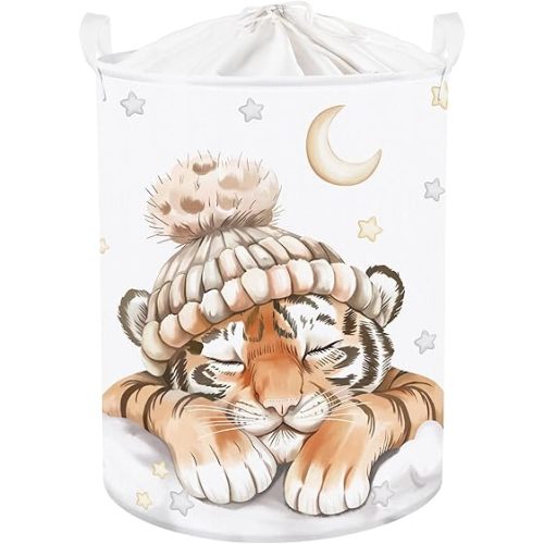 Clastyle Sleeping Animal Baby Laundry Hamper Kid Storage Basket Boys Girls Gift Toy Box Collapsible Clothes Organizer Nursery Bin for Bedroom,Tiger,36 * 45 cm