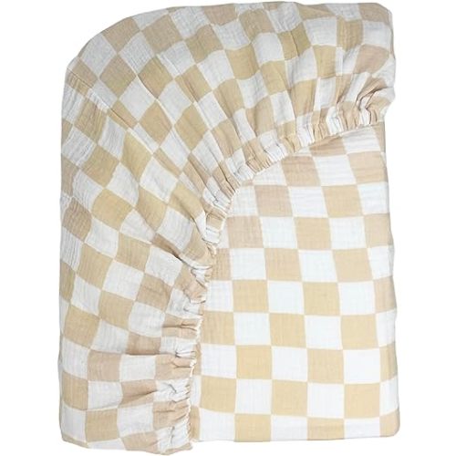 Bolton Baby Co. Checkered Muslin Fitted Crib Sheet | 100% Extra-Soft Breathable Cotton | for Girls and Boys | Fits Standard Baby Crib and Toddler Mattresses (28"x52") (Sand)