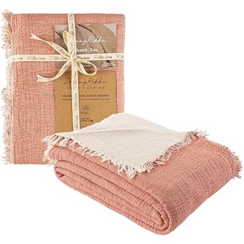 Muslin Blanket Queen Size 83"x89" for Adults Turkish Cotton Breathable Lightweight Fluffy Gauze Bed Blanket for Bed Couch Oeko Tex 3 Layer Peach Ivory
