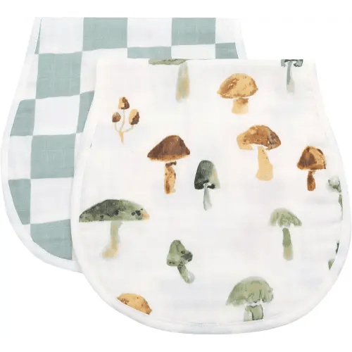LifeTree Muslin Baby Burp Cloths - 2 Pack 70% Viscose from Bamboo and 30% Cotton Large 22'' by 10'' Absorbent Milk Spit Up Rags - Burping Cloths for Newborn, Girls Boys, Mushroom and Green Checkered