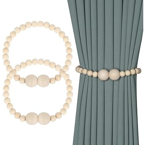 Yagoo Magnetic Curtain Tiebacks, 2 Pcs Boho Curtains Holdbacks Wood Bead Curtain Ties Backs Curtain Holders for Home Farmhouse Bathroom Decor (2, Nature-Ball)