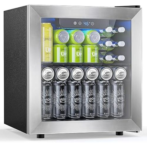 48 Can Beverage Refrigerator,12 Bottle Wine Cooler with Stainless Steel Glass Door, Digital Temperature Display, Countertop Mini Fridge for Soda, Wine or Beer, Silver