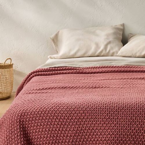 Full/Queen Chunky Knit Bed Blanket Rose - Casaluna™: Acrylic Sweater Knit, Machine Washable, No Style Assigned