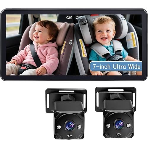 Omebel Baby Car Camera & Monitor 2-Kids, 7 Inch Ultrawide Display with Two Cameras Rear Facing, Backseat Car Seat Camera Mirror HD 1080P