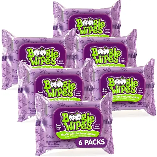 Saline Nose Wipes by Boogie, for Baby & Kids, Face, Hand & Body, FSA/HSA Eligible, Made with Vitamin E, Aloe, and Natural Saline, Grape Scent, 30 Count (Pack of 6)