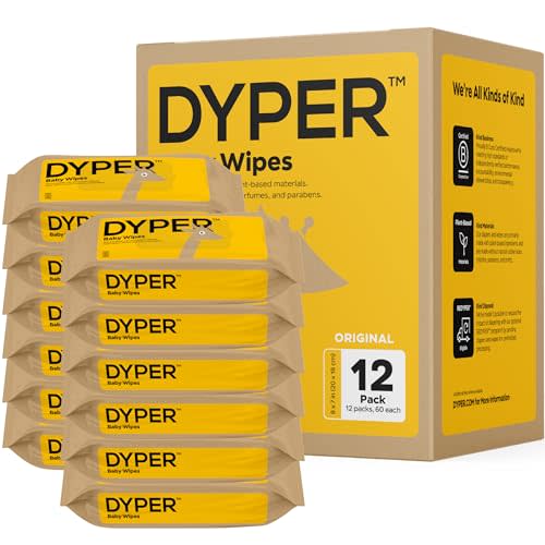 DYPER Baby Wipes | 99% Water | 100% Plant-Based | Hypoallergenic for Sensitive Skin | Fragrance Free | Plastic-Free | 12 Pack, 720 Wipes