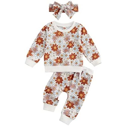 Kaipiclos Baby Girl Fall Winter Clothes Toddler Sweatsuit Outfit Floral Print Sweatshirt Long Sleeve Shirt Top Pants Clothing