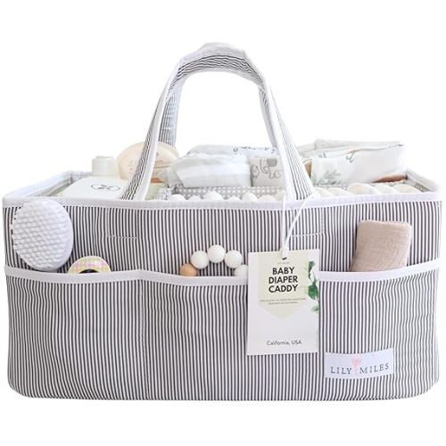 Lily Miles Baby Diaper Caddy Organizer - Baby Shower Basket for Newborn Boys or Girls - Nursery Must Haves for New Mom - Baby Registry Favorites - Large Storage Tote for Changing Table or Car, Gray
