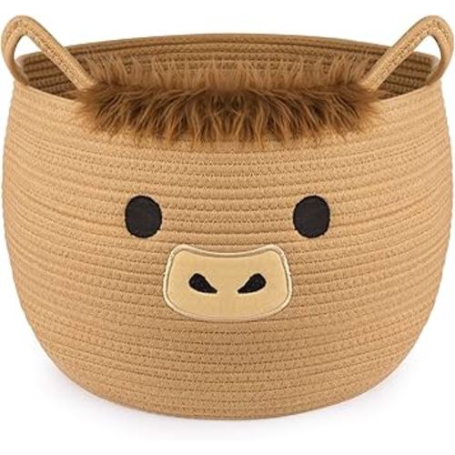 Highland Cute Cow Basket for Nursery, Large Blanket Gift Basket, Woven Rope Cotton Storage, Baby Laundry 0rganizer with Ears Handles, Towels Toy Clothes Gifts Storage Cat Dog Bin,13"D×11.5"H