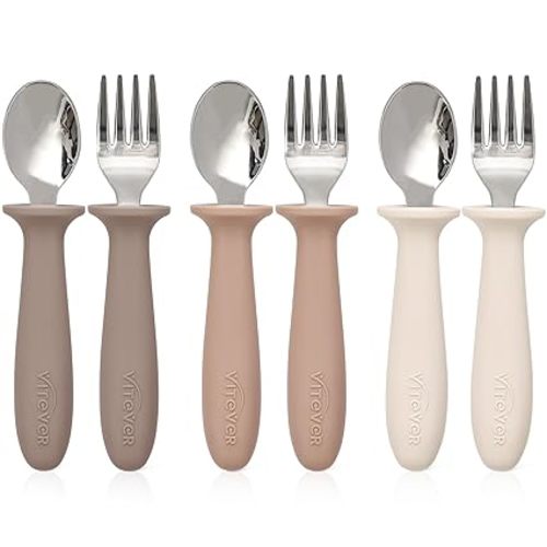 6 Pieces Toddler Utensils, Children Silverware Set with Silicone Handle, Kids Safe Spoons and Forks, Dishwasher Safe, 18/8 Stainless Steel, Food-grade Silicone,BPA Free - Tan - White/Coffee/Brown