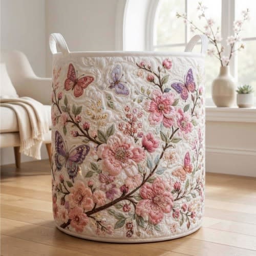 Cherry Blossom Quilted Laundry Basket: Spring Floral Storage Bin, Large Foldable Hamper