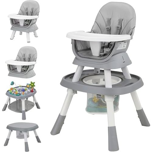 Baby High Chair with Activity Center, 8-in-1 Convertible High Chairs for Babies and Toddlers with Baby Toys, Highchair for Ages 6-120 Months (Grey)