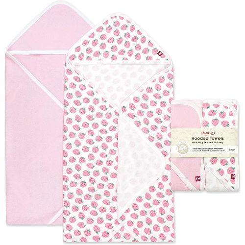 Zutano Hooded Baby Towels, Organic Cotton Baby Bath Towel, Ultra Soft and Absorbent Baby Towel for Newborn and Infant | Girl, Boy, and Unisex Towel Set, Strawberries, 2-Pack