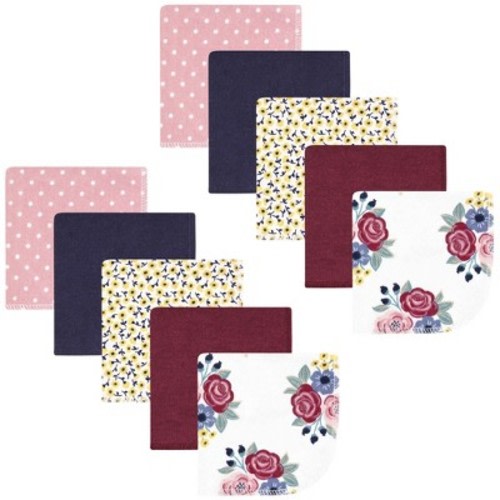 Hudson Baby Infant Girl Flannel Washcloths, Blush Navy Floral 10Pk, One Size