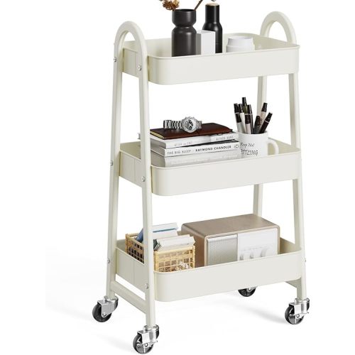 OLIXIS 3 Tier Utility Rolling Cart, Metal Mobile Storage Shelf with Lockable Caster Wheels, Organization for Livingroom, Bathroom & Narrow Places, White