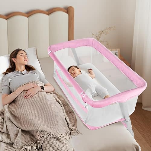 Cowiewie Bassinet Bedside Sleeper,Baby Bassinet Slides Over Bed,5-Position Height Adjustment & Breathable All-Mesh Wall Bedside Bassinet for Baby,Space-Saving Bedside Crib, Height(37.4-41.3"), Pink