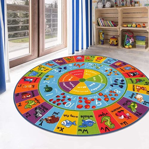 HEBE Kids Play Rug 4ft ABC Alphabet Numbers Shapes Educational Kid Area Rug Washable Baby Crawling Mat Non Slip Kid Play Mat Carpet for Girl Boy Bedroom Playroom
