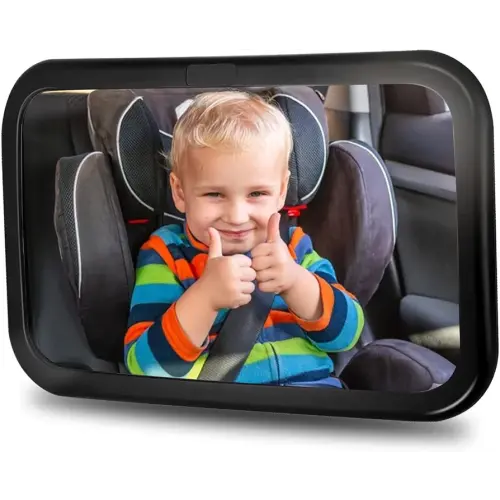Extra Large Baby Car Mirror, Safety Car Seat Mirror for Rear Facing Infant, Wide View Shatterproof Adjustable Acrylic 360°for Backseat, Secure, Shatterproof, Fully Assembled, Black