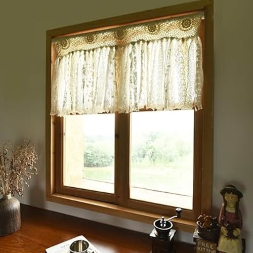 Boho Kitchen Curtains Short Shabby Chic Lace curtain for Bedroom Handmade Cotton Crochet Lace Kitchen Valance Country Cottage Cafe Curtain 16 inch Long Bohemian Wedding Decor 30x16 Inch,Cream