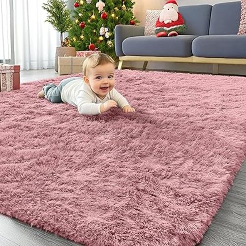 OLANLY Area Rugs for Living Room Bedroom, Machine Washable 4x5.9 ft Soft Fluffy Shaggy Bedside Rug, Indoor Floor Carpet for Kids Girls and Boys, Dorms, Nursery Rooms, Home Decor Aesthetic, Pale Pink