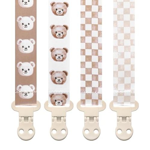 Baby Pacifier Clip Holder - Boy and Girl Unisex 4 Pack Gift Set – Vintage Neutral Checker Teddy Bear Beige and Brown