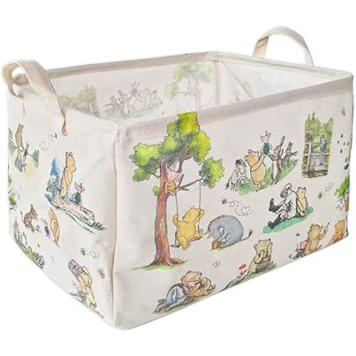 Winnie Storage Basket, Bear Foldable Canvas Laundry Hamper with Waterproof PE Coating, Diaper Clothes Toys Storage for Baby Nursery, the Pooh Baby Stuff Decorative Storage Baskets for Bathroom Bedroom