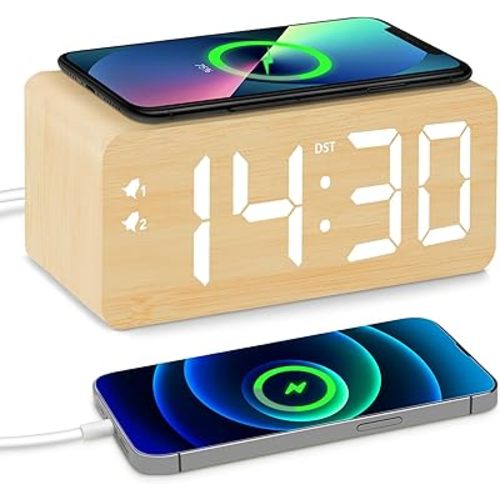 Wood Digital Alarm Clock with 10W Fast Wireless Charger, USB Charging Ports, DST, Dimmable, Snooze, Large Number LED Display for Bedrooms, Desk, Living Room Table, Bedside, Nightstand (Bamboo)