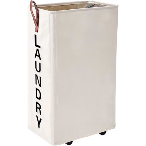 70L Large Rolling Laundry Hamper - Tall Narrow Basket With Wheels, Slim Clothes Bin, 27.5" Beige