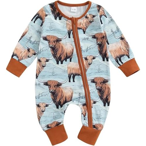 Baby Romper Newborn Clothes Long Sleeve Western Cow Print Zipper Jumpsuit Fall Winter Toddler Infant Bodysuit