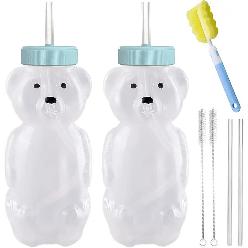 Honey Bear Straw Cups, Juice Bear Bottle Drinking Cup Long Straws with 4 Flexible Straws & Cleaning Tools, 8-Ounce Therapy Sippy Bottles for Speech and Feeding Training, Food-Grade & BPA Free 2 Pack