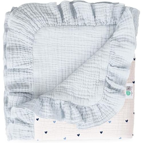 lulumoon Muslin Ruffle Baby Blanket - Soft Breathable 100% Cotton Newborn Wrap for Stroller Travel & Car Seat - Ideal for Photography & Nursery Decoration 40"x36"(Blue Heart)
