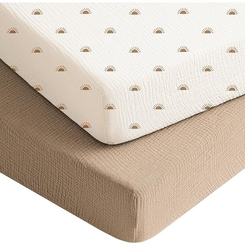 Konssy Muslin Crib Sheets for Boys Girls, Soft Cotton Neutral Baby Crib Sheets for Standard Crib Mattress (52''x28''), Breathable Baby Mattress Sheets 2 Pack (Camel, Sun)