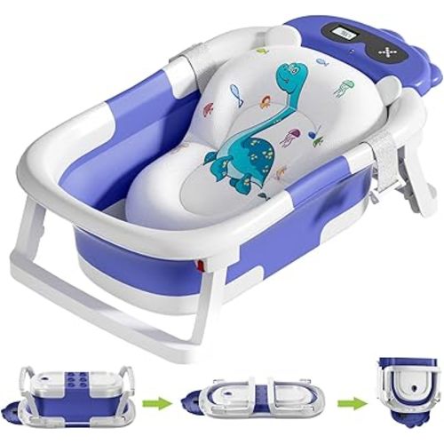 Baby Bathtub, Collapsible Baby Bathtub with Thermometer, Portable Travel Baby Bath Tub, Newborn to Toddler Baby Tub with Floating Soft Cushion, Suitable for Infants 0-36 Months (Blue)