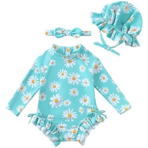 Renotemy Baby Girls Swimsuit Drawstring Zip Bathing Suit Long Sleeve One-Piece Rash Guard Swimwear with Hat for Infant Girl