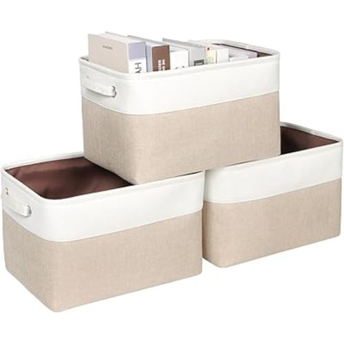 Kntiwiwo Foldable Storage Bins 15" x 10" x 9.5" Fabric Storage Basket Cube with Handles Large Linen Closet Organizer Bins for Organizing Shelf Home,Set of 3, Beige