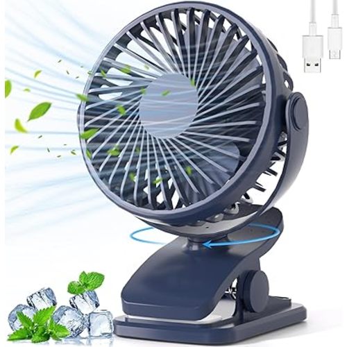 Portable Clip on Fan, 360° Rotate Battery Operated Stroller Fan, 3 Speed Quiet Mini Personal Desk Fan, USB Rechargeable Cooling Fans for Outdoor Camping Golf Cart Stroller Home Office Blue