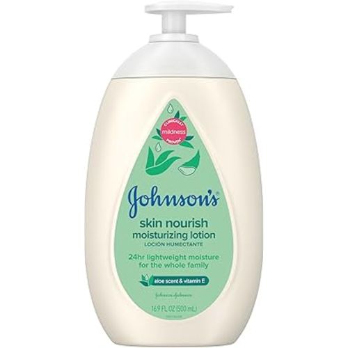 Johnson's Skin Nourish Moisturizing Baby Lotion with Aloe Vera Scent & Vitamin E, Gentle & Lightweight Body Lotion for The Whole Family, Hypoallergenic, Dye-Free, 16.9 fl. oz