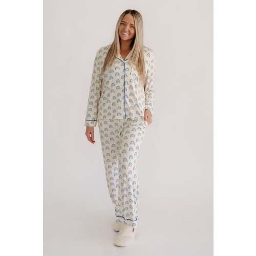 Womens Button Up Set In Blue Rainbows