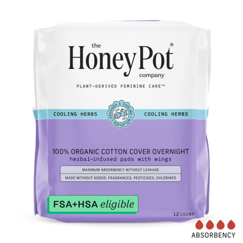 Honey Pot 100% Organic Cotton Cover Cooling Herbal Infusion Overnight Pads, 12 Count