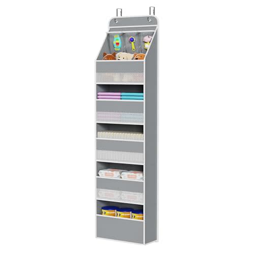 Univivi 6-Shelf Over Door Hanging Organizer Fabric Baby Door Storage with 5 Large Pockets and 3 Small PVC Pockets Wall Mount Hanging Storage Organizers for Baby Essential (Grey)