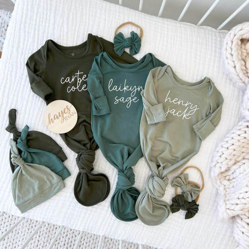 Personalized Bamboo Newborn Baby Knot Gown & Hat | Garden Greens - Script
