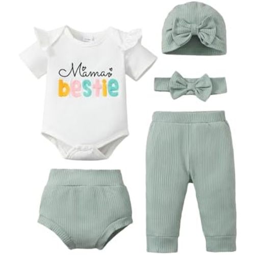 SUNNY PIGGY Baby Girl Clothes Infant Newborn Girls Outfits Romper with Headband Hat Pants Shorts Set 5Pcs