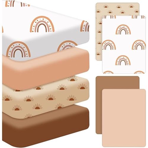 Mixweer 4 Pack Neutral Baby Crib Sheet Set for Boys Girls Baby Crib Sheet for Standard Size Crib and Toddler Mattresses Soft Breathable Crib Sheets for Baby Gifts Home Nursery Toddler, Boho Rainbow