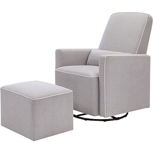 DaVinci Olive Upholstered Swivel Glider with Bonus Ottoman in Polyester Grey with Cream Piping, Greenguard Gold & CertiPUR-US Certified